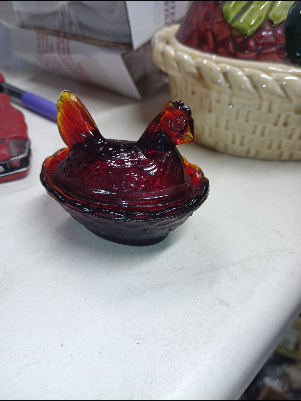 Stunning Red Amber Glass Hen on Nest Mini Salt Cellar ( Orange Glow)